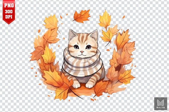 American Shorthair Cat in Autumn Clipart