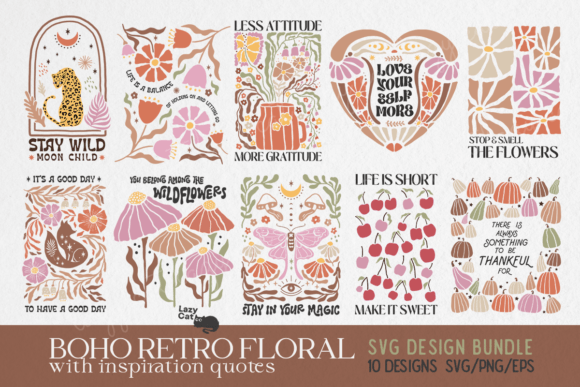 Boho Retro Flowers SVG PNG Bundle