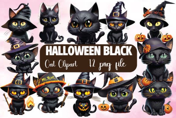Halloween Black Cat Watercolor Clipart