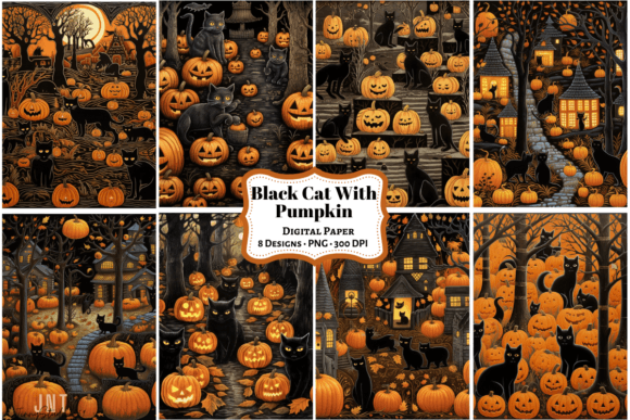 Halloween Black Cat with Pumpkins