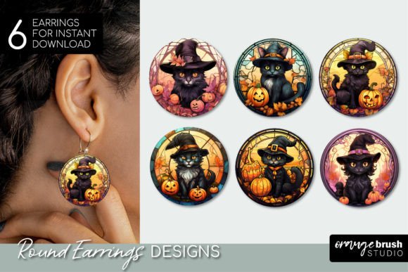 Halloween Cat Stained Glass Earrings PNG