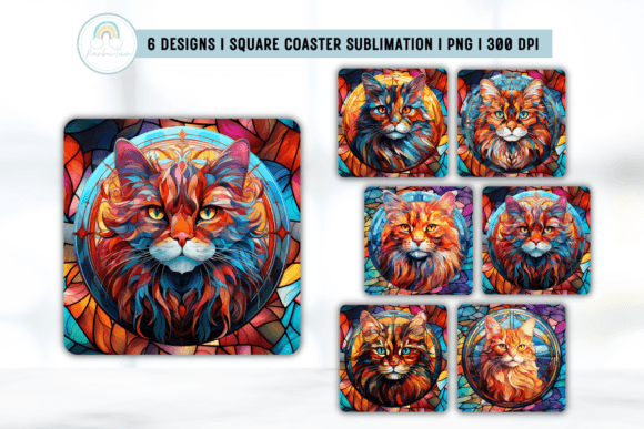 Stained Glass Colorful Cat Coaster PNG